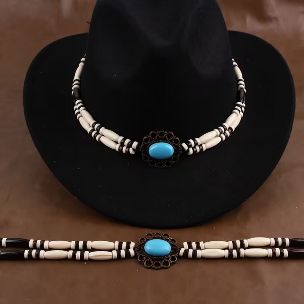 Turquoise Hat Band Beaded Brown Chain Western Style Sapphires Charms Boho New